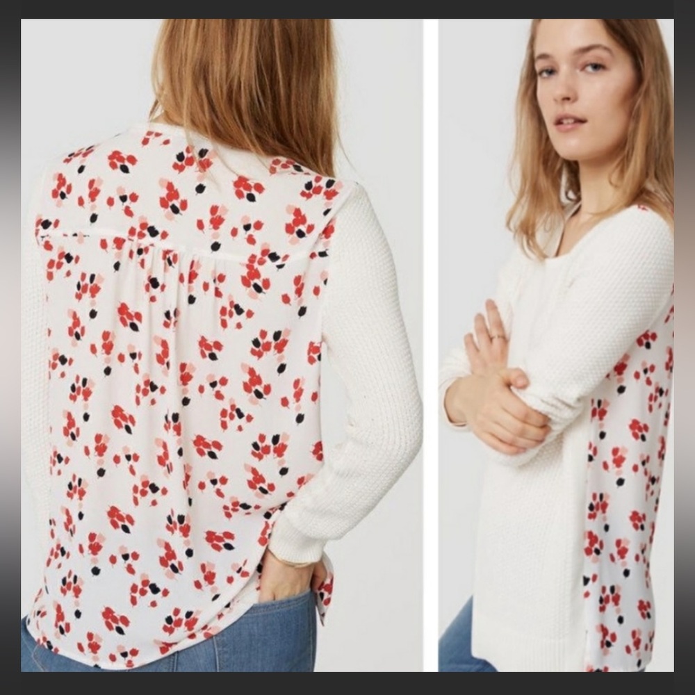 LOFT White Waffle Knit red/peach/black Floral Back Sweater Crew neck